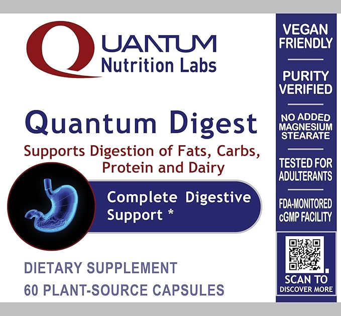Quantum Nutrition Labs Quantum Digest - Digestive Health Enzymes for Women and Men, Digestion Support for Gut Health, Fully Active Vegan Enzyme Pills - 60 Vegetarian Capsules