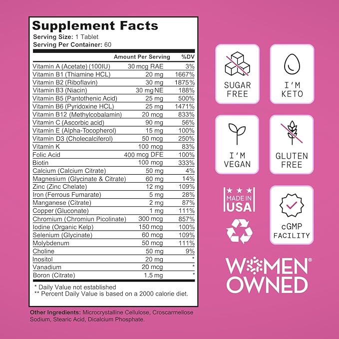 Vegan Multivitamins for Women - Once Daily - 28 Nutrients - Boost Energy, Sleep, Hair, Skin, Nails & Reduce Cravings - Keto, Vegan, Gluten Free, USA, 2-Months Supply