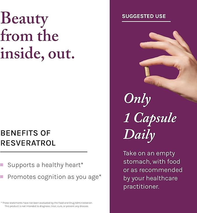 Reserveage Beauty, Resveratrol 100 mg, Antioxidant Supplement for Heart and Cellular Health, Supports Healthy Aging and Immune System, Paleo, Keto, 60 Capsules (60 Servings)
