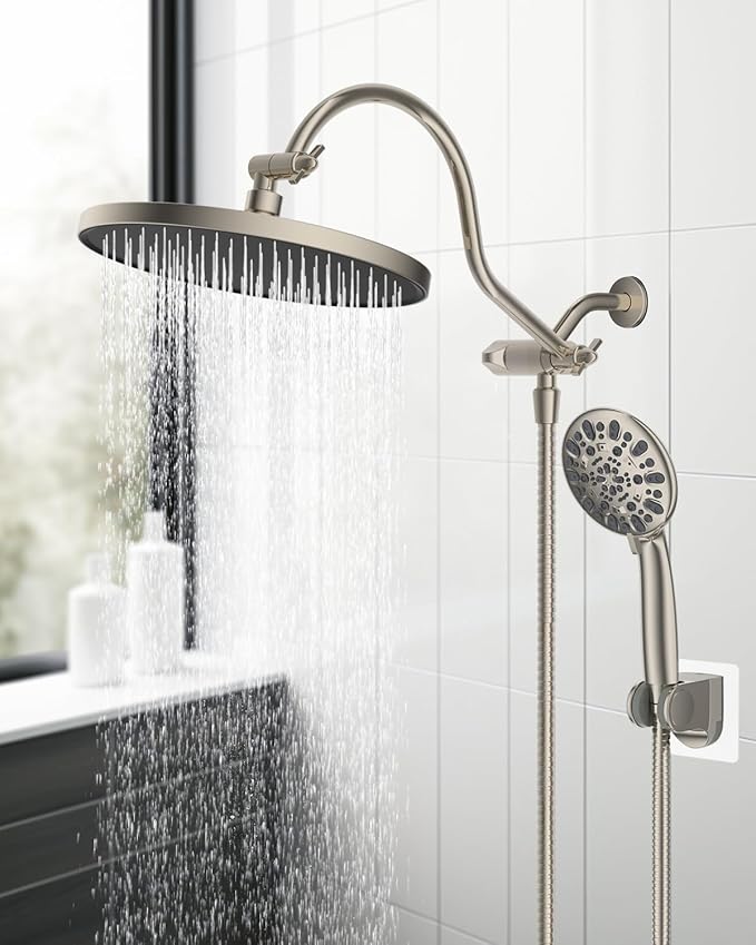10'' Self-cleaning Rainfall Shower Head, High Pressure Handheld Shower Head, Showerhead Combo with 12'' Adjustable Curved Shower Extension Arm, 7-Spray, 71'' Hose, Showerhead Holder, Brushed Nickel