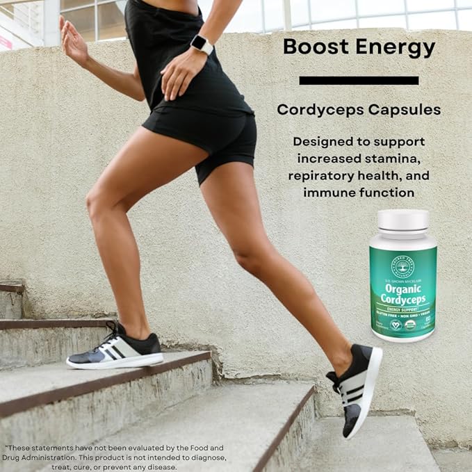 Organic Cordyceps Mushroom Capsules - 1,000mg High Potency - Energy, Stamina & Immunity - Non-GMO, Vegan, 60 Count
