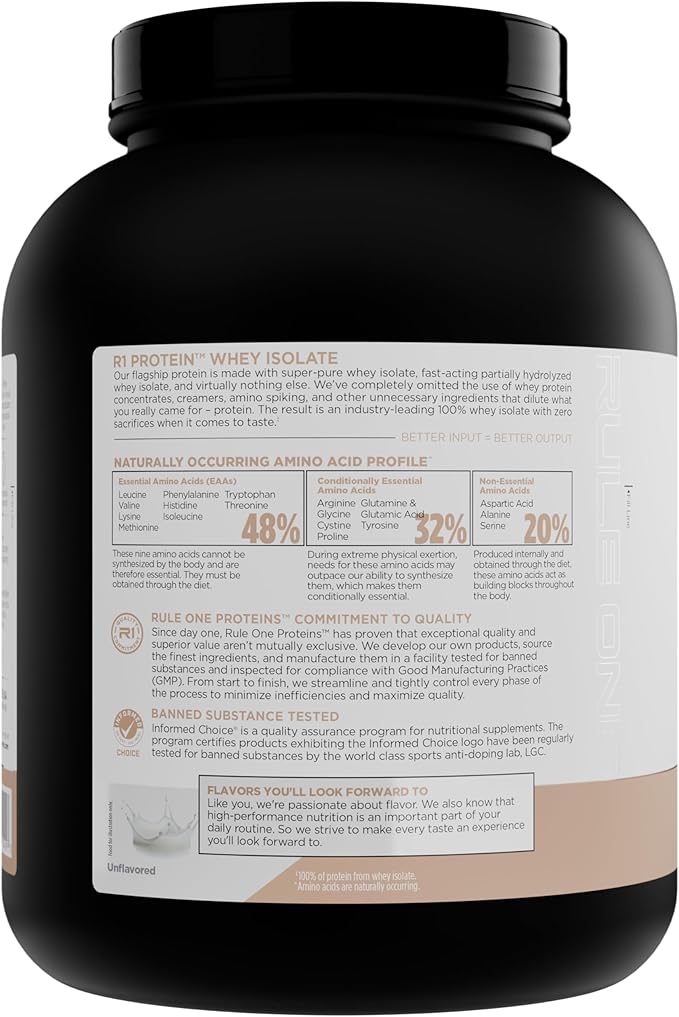 Rule 1 Naturally Flavored R1 Protein Whey Isolate - Clean Formula with 25g Protein & 6g BCAA Exclusively Isolated & Hydrolyzed Sources for Workout Recovery (4.3 Pounds*, Unflavored)