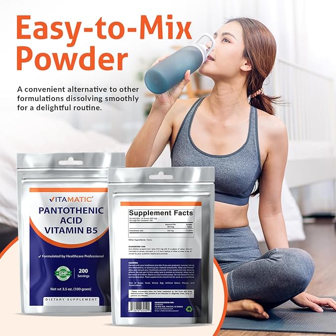 Vitamatic Pantothenic Acid Pure Powder 500 mg per Serving - 100 Grams - Also Called Vitamin B5-200 Servings