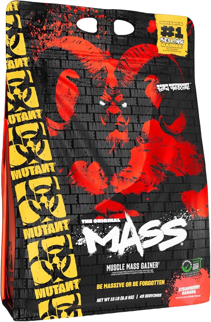 Mutant Mass Weight Gainer Protein Powder with Whey, and Casein Protein Blend for High-Calorie Workout Shakes, Smoothies, and Drinks, 15 lb - Strawberry Banana