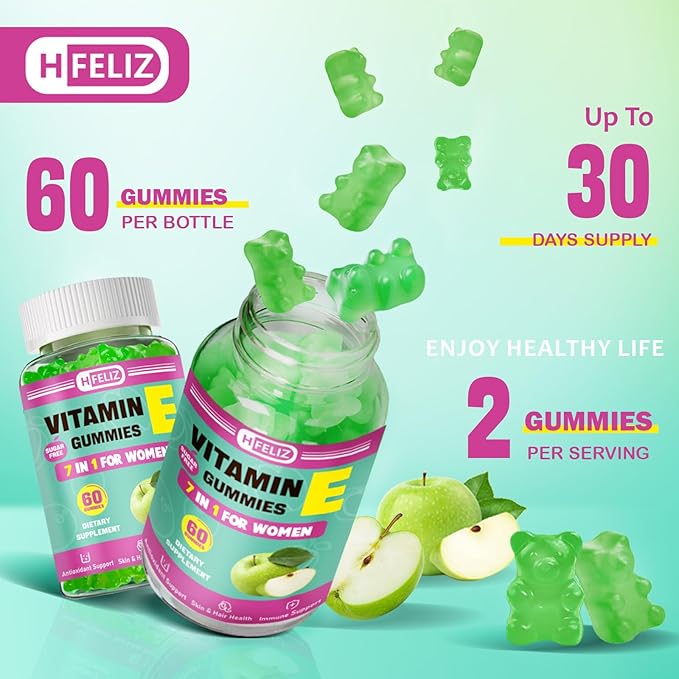 Vitamin E 400 IU Gummies, Vitamin E Supplements for Women, with VIT A, C, Biotin, Zinc, Hyaluronic Acid & Silica for Antioxidant, Immune Health, Skin & Hair, 60 Ct