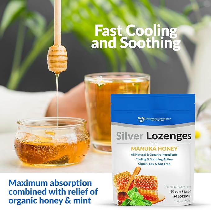 Silver Lozenges with Organic Manuka Honey and Vitamin C - All-Natural Nano Silver 45-50mcg of 60 PPM Colloidal Silver Mineral Drops to Support Immune System, Soothe, Cool Cough & Throat, 24-Lozenges