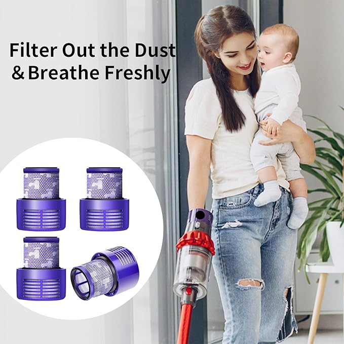V10 Filter Replacement for Dyson V10 Cyclone Series, V10 Absolute, V10 Animal, V10 Total Clean, Replace Part No. 969082-01,4 Pack Filters and 1 Clean Brush
