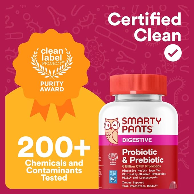 SmartyPants Adult Probiotic & Prebiotic Gummies for Digestive Health: 6 Billion CFU Gut Health Supplement, Clinically Studied Prebiotic for Immune Support, Grape, 60 Count (30 Day Supply)