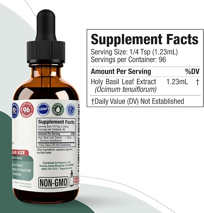 Rejuvica Health Active Holy Basil 4oz XL Super Size - Advanced Stress Support Supplement Drops - Holy Basil Leaves Liquid Extract - Vegan Sugar Free Non GMO Tincture