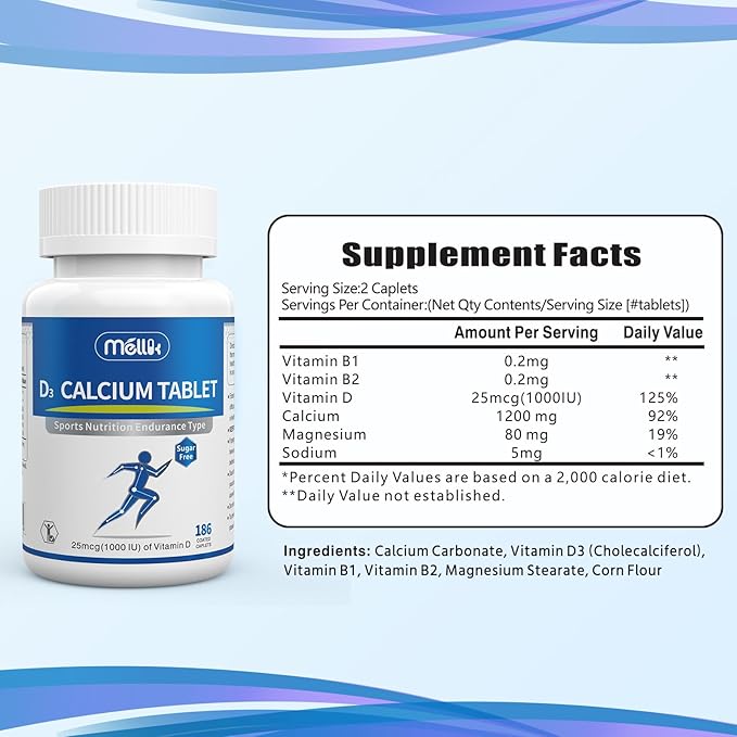 Calcium-Supplement Vitamin-D3 1200-mg Magnesium-Mini - 186Tablets Unflavored Slow Release Bone Health Women and Men Dietary Supplement Easy to Swallow Sugar Free