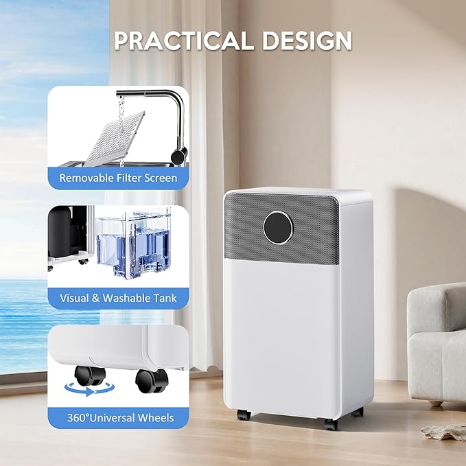 2500 Sq.Ft Dehumidifiers with Drain Hose, Max 34 Pints, Intelligent Humidity Control, 24H Timer, 3 Modes, Child Lock, Auto Defrost, Ideal for RV, Bathroom, Bedroom