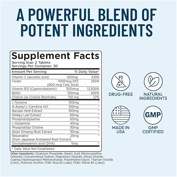Maximum Strength Brain Supplement - Boosts Memory & Focus - Increases Mental Performance & Cognitive Health - Phosphatidylserine, Resveratol, Folate, Ginkgo Leaf, Bacopa & More - 60 Tablets