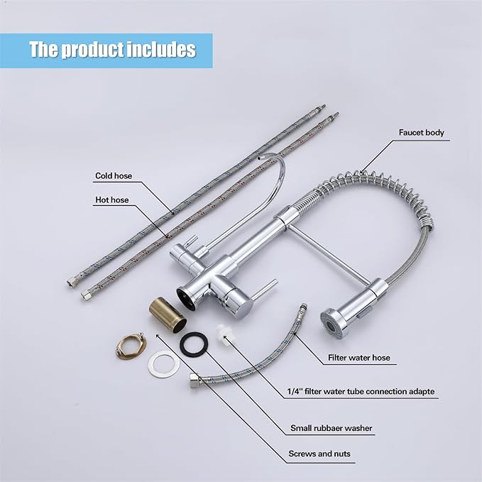 HUAHUALALA 3 in 1 Kitchen Sink Faucet 2 Handle with Spring Sprayer, Kitchen Faucet with Filter, Brass Drinking Water Faucets Reverse Osmosis Chrome