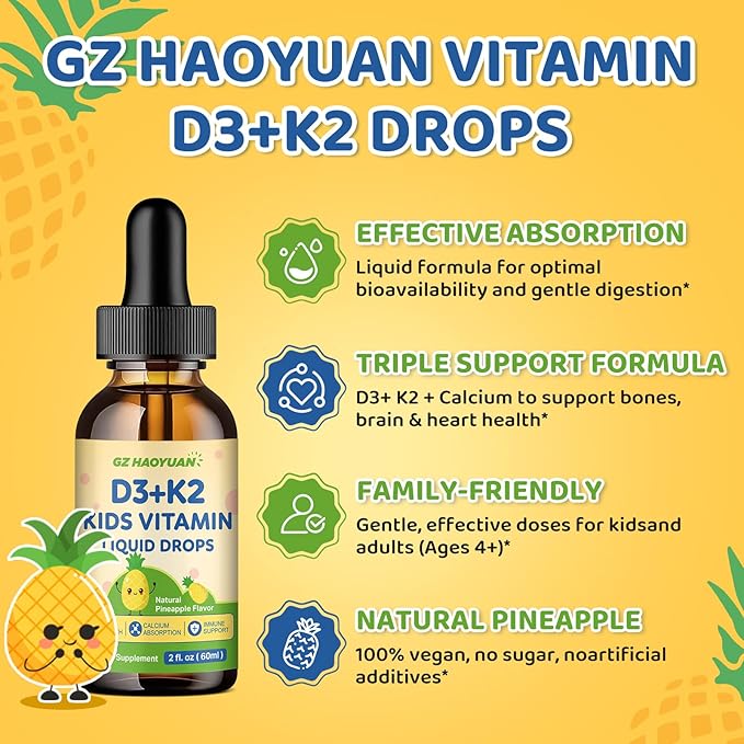 Kids Vitamin D3 K2 Drops, Vitamin D3 K2 (MK-7) Supplement with Calcium for Kids & Adults - Support Strong Bones, Teeth & Immune, Sugar Free Pineapple Flavor 2 FL OZ
