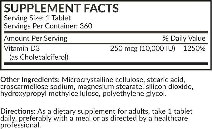 Futurebiotics Vitamin D3 10,000iu (250mcg) 360 Day Supply for Healthy Muscle Function and Immune Support, Non-GMO, 360 Tablets