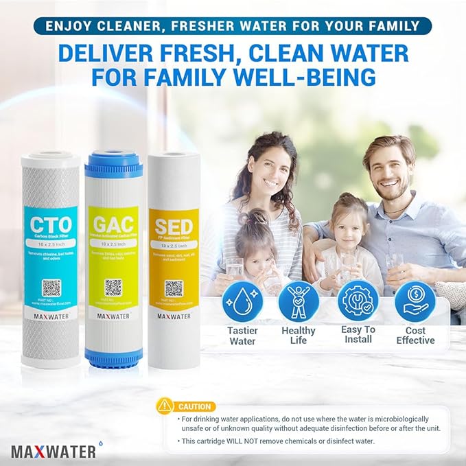 Max Water 5 Micron Replacement 10 x 2.5 inch Filter Cartridge Set For Standard RO Reverse Osmosis Water Filter Systems - PP Sediment, GAC & CTO Compatible with GAC-10, AP110, WHKF-GD05, WHKF-WHWC