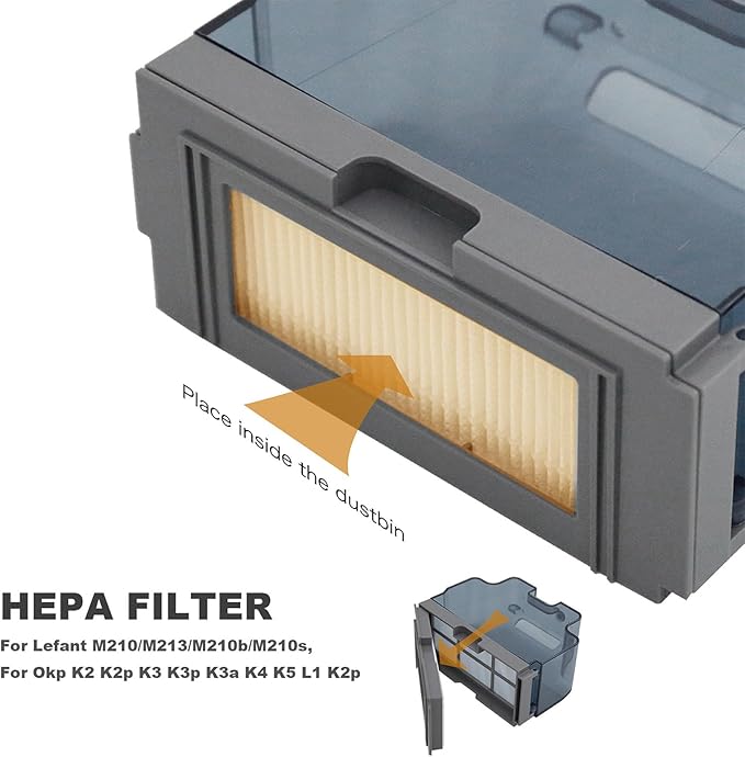 Usoway Robot Vacuum Replacements Parts Fit For Lefant M210/M213/M210b, For Okp K2 K2p K3 K4 K5 L1 K2p Robot Vacuum Cleaner, Vacuum Dust Pan, Side Sweep Edge Brush HEPA Filter (Dustbin-1pc), JCH-1546