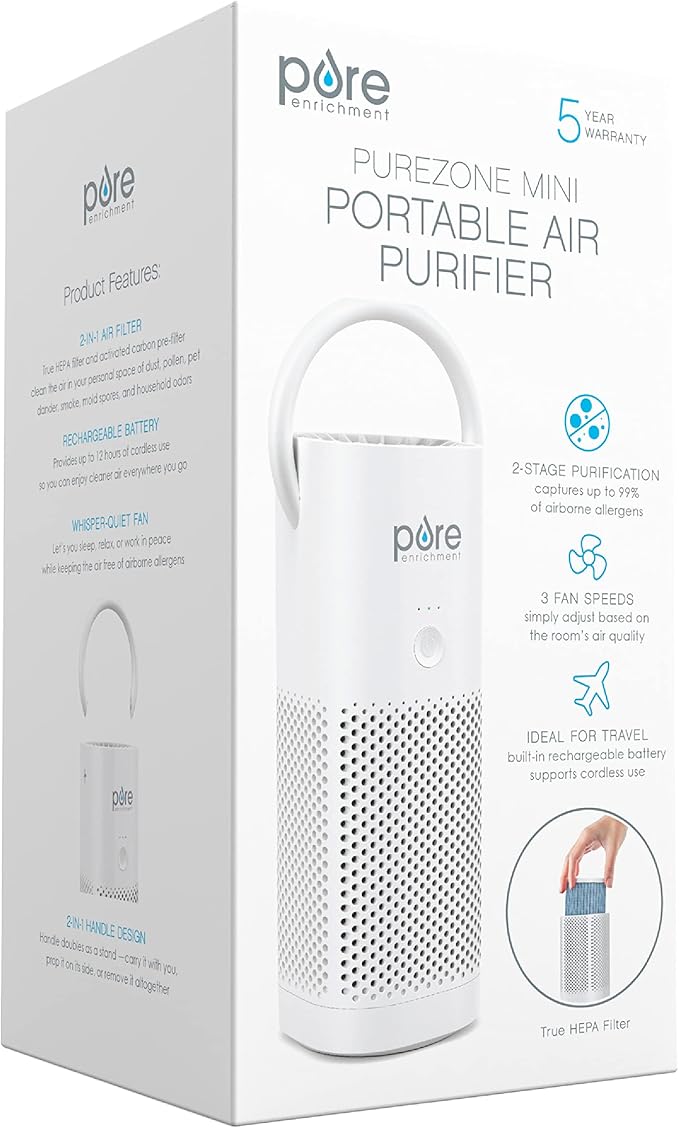 Pure Enrichment PureZone Mini Portable Air Purifier - Cordless True HEPA Filter Cleans Air & Eliminates 99.97% of Dust, Odors, & Allergens Close to You - Cars, School, & Office (White)