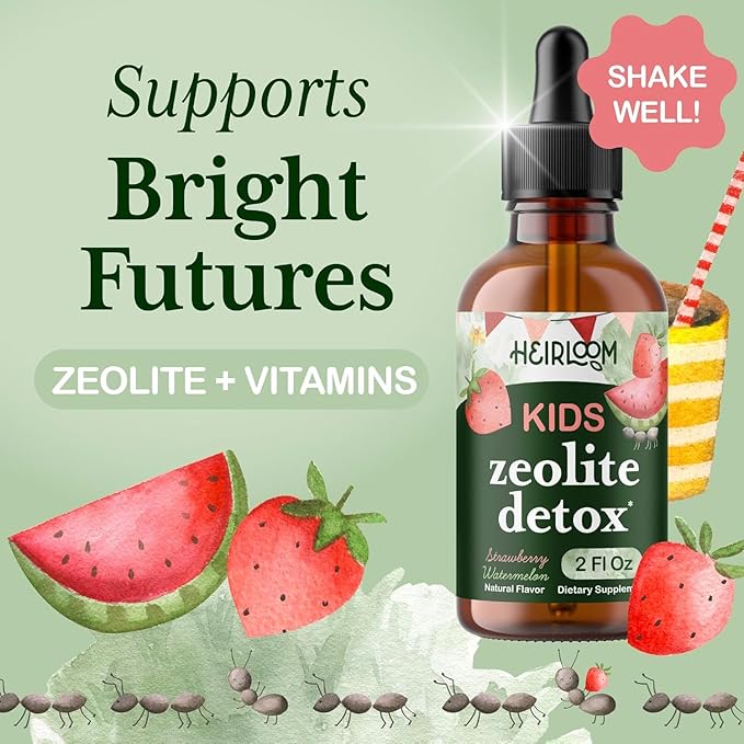 Zeolite Detox for Kids, Gentle Daily Cleanse with Clinoptilolite Zeolite, Methyl B12, Vitamins C & D3, Heavy Metal Tested, Dye-Free, Mom-Owned Small Business, 2 Fl Oz Drops