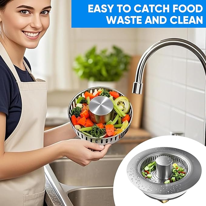 2025 Upgraded 3-in-1 Kitchen Sink Drain Strainer Stopper |Rust-Proof Strainer Basket |Universal Fit for Standard 3.5" Drains |Anti-Clog&Odor Filter |Efficient Drainage (Stainless Steel, 4 PCS)