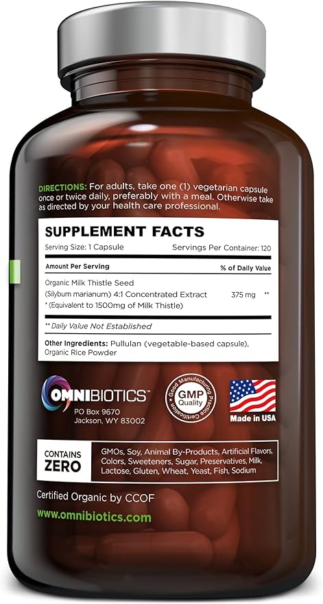 OmniBiotics Organic Milk Thistle Supplement 1500mg β 4X Concentrated Extract with Silymarin β High Potency Liver Detox & Support β 120 Vegan Capsules
