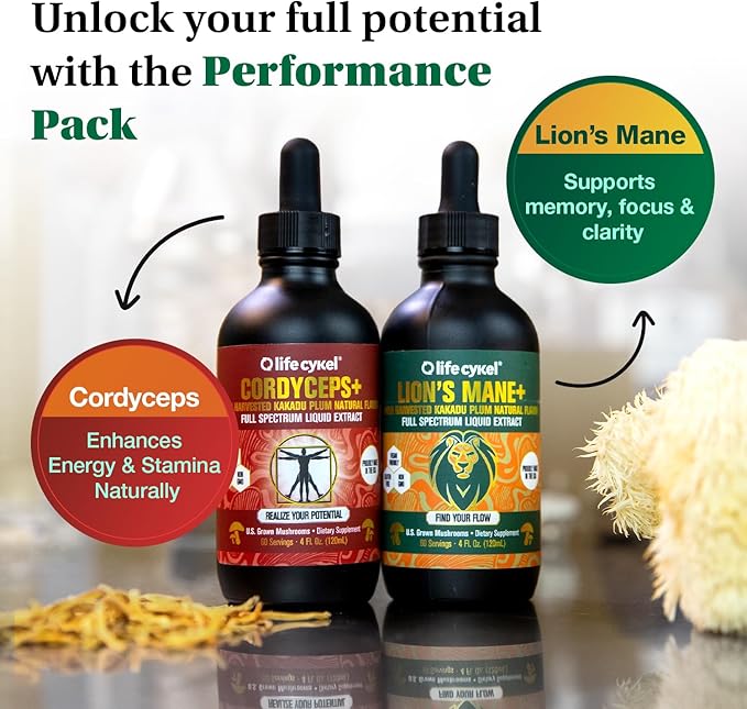 Life Cykel Cordyceps + Lions Mane Extract Performance Pack - Organic Mushroom Supplement for Energy, Focus & Mental Clarity - USA Made, Pure & Potent Mushroom Liquid Drops for Adults