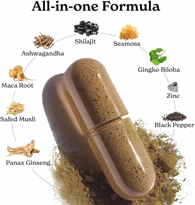 Shilajit All in One Capsule with Sea Moss, Ashwagandha, Safed Musli| All Benefits in one Capsule| Boost Stamina & Energy| 60 Servings, 120 Capsules