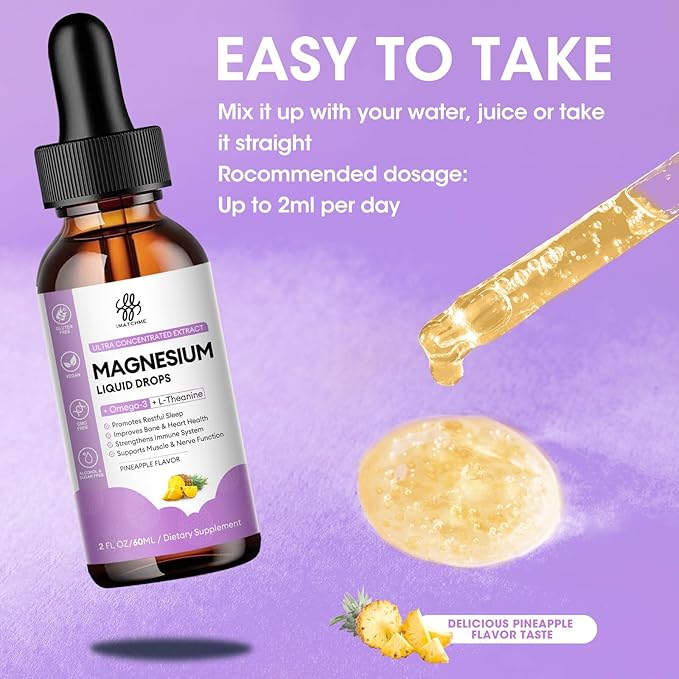 Magnesium Complex Liquid Drops, Magnesium Glycinate with Oxide, Taurate and Citrate, Calm Magnesium for Bone, Heart, Muscle, Sleep & Digestion, High Absorption, Pineapple Flavor, 2 Fl Oz