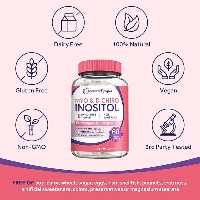 Doctor's Recipes Inositol Supplement, Myo-Inositol & D-Chiro Inositol Capsules 2050mg per Serving, Ideal 40:1 Blend, Hormone Balance for Women, Ovarian Function & Fertility Support, 60 Vegan Caps