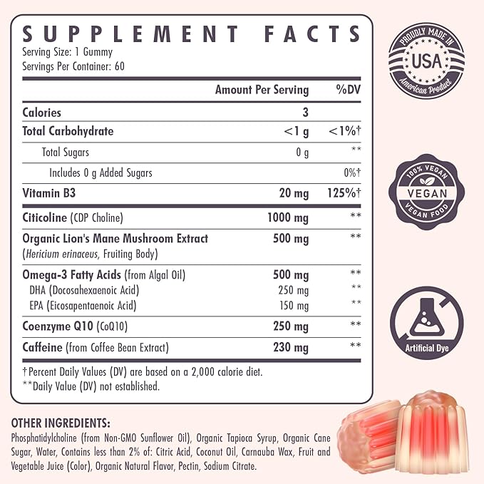 Citicoline Supplement, CDP Choline, Brain Supplement for Memory and Focus | Cognitive Function & Energy Improvement | Citicoline 1000mg Plus Lion's Mane Extract 500mg per Serving (60 Count)