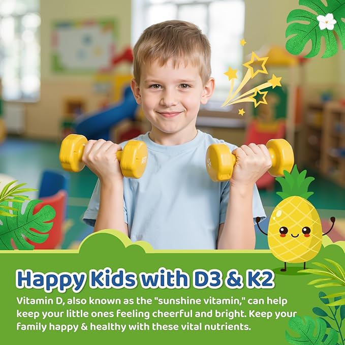 Kids Vitamin D3 K2 Drops, Vitamin D3 K2 (MK-7) Supplement with Calcium for Kids & Adults - Support Strong Bones, Teeth & Immune, Sugar Free Pineapple Flavor 2 FL OZ