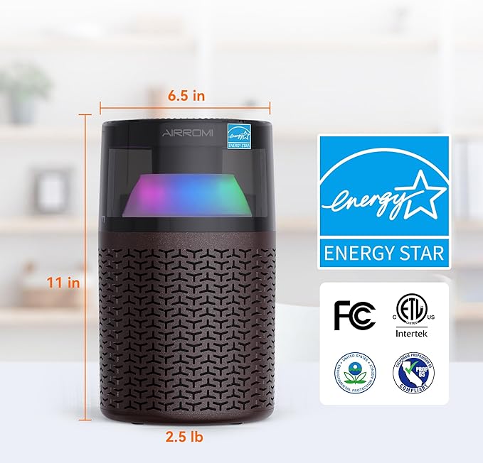 AIRROMI Air Purifiers for Bedroom Home,Up to 658 Ft²,Activated Carbon Filter Cleaner,With Fragrance Sponge for Better Sleep,Night Light,Pet Dander,Allergies,Smoke,Odor,Desktop Air Cleaner A2002 Brown