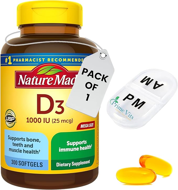 Vitamin D3 1000 IU (50 mcg), Dietary Supplement for Bone, Teeth, Muscle and Immune Health Support, 300 Softgels 300 Day Supply