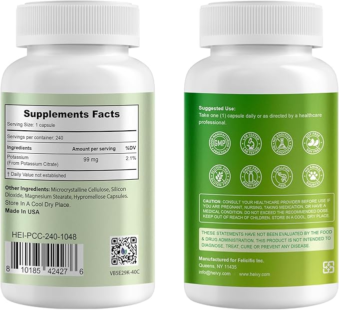 Potassium Citrate 99mg | 240 Capsules | Potassium Supplements for Electrolyte & Muscle Support | Vegan, Gluten-Free | Lab Tested | Made in USA