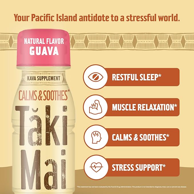 Taki Mai Guava Kava Kava 2.5 oz (6-pack) Shots – Noble Kava Root Drink, Ready to Drink for Stress Support & Relaxation, Fast Acting Herbal Support for Calming Better Sleep and Balanced Mood