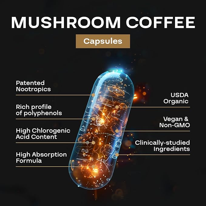 100% Organic Mushroom Coffee Capsules - Natural Energy Supplement with 130mg Caffeine from Clinically Proven Patented Green Coffee Bean & Guayusa Extracts for Jitter-Free Energy & Focus (60 Servings)