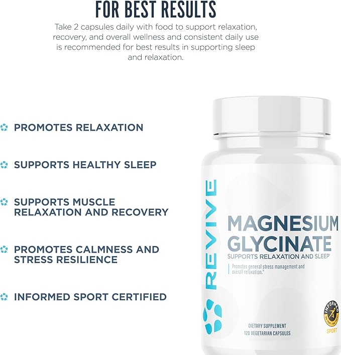 Revive Pure Magnesium Glycinate Capsules 200mg MD - High Absorption Supplement for Relaxation & Stress Relief - Organic Memory & Sleep Support Pills for Strong Bones, Normal Nerve & Muscle Function