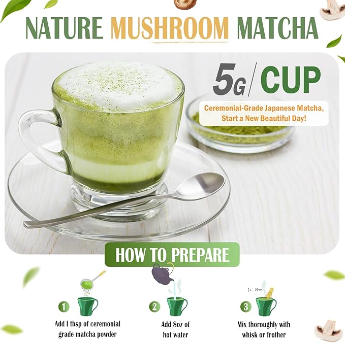 Mushroom Matcha Powder, Japanese Ceremonial Matcha Infused With 7 Superfood Mushrooms, MCT Oil, Coconut Milk Powder, Natural, Gluten Free, Taste Great Matcha Latter 8 Oz(45 Servings)