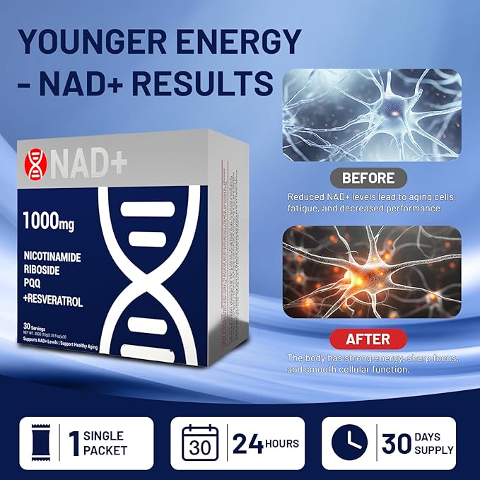 Premium NAD+ Liquid Supplement 1000mg Packets with Nicotinamide Riboside & Resveratrol for Cellular Energy, DNA Repair, Anti-Aging Support & Mental Clarity, 30 Packs