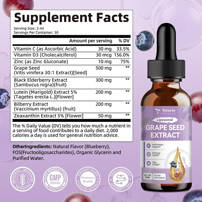 2 Pack Grape Seed Extract Liquid Drops | High Potency 95% Polyphenols Antioxidant Supplement for Skin, Heart & Immune Support | Vegan, Gluten Free | Alcohol-Free & Non-GMO | 4FL