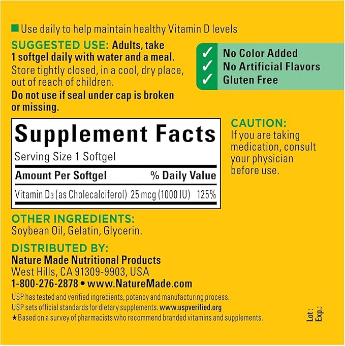 Vitamin D3 1000 IU (50 mcg), Dietary Supplement for Bone, Teeth, Muscle and Immune Health Support, 300 Softgels 300 Day Supply