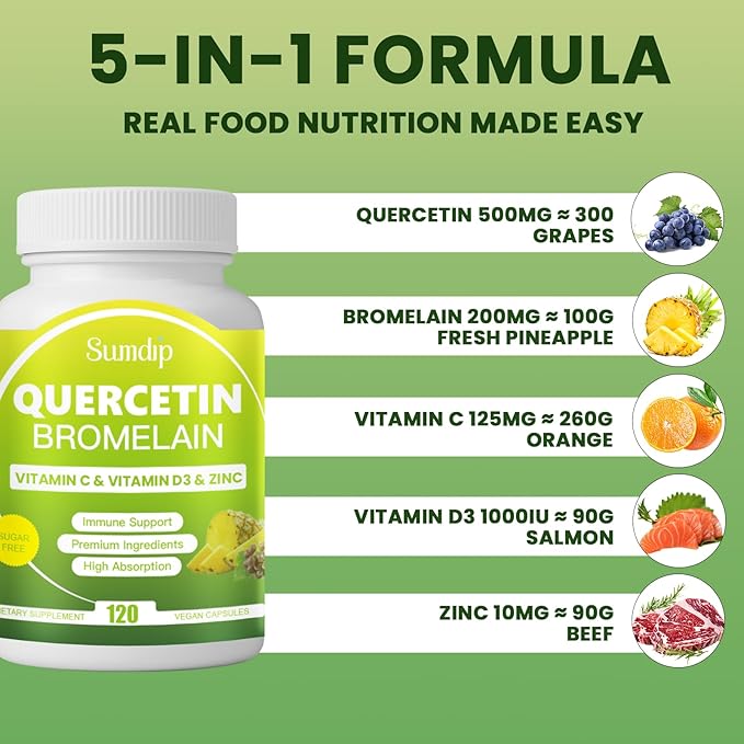 Quercetin with Bromelain Supplement for Men & Women - 120 Capsules for Immune Support Supplement, Blend with Vitamin C & Vitamin D3 & Zinc, Quercetin 500mg Capsules - Gluten Free, Vegan & Non-GMO