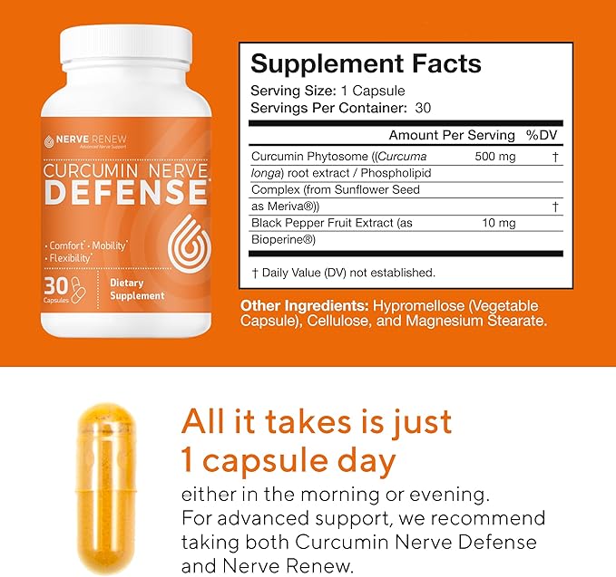 NERVE RENEW Curcumin Nerve Defense with Meriva Curcumin Phytosome for Complete Nerve Nourishment and Comfort - Optimized Curcumin with Black Pepper Extract - 30 Capsules