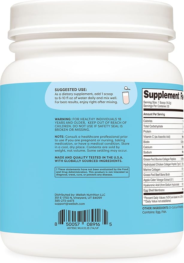 Wellah The Afterglow Multi Collagen Protein + Beauty (30 Servings, Unflavored) - Hair, Skin, Nail & Joint Support - Non-GMO and Gluten Free
