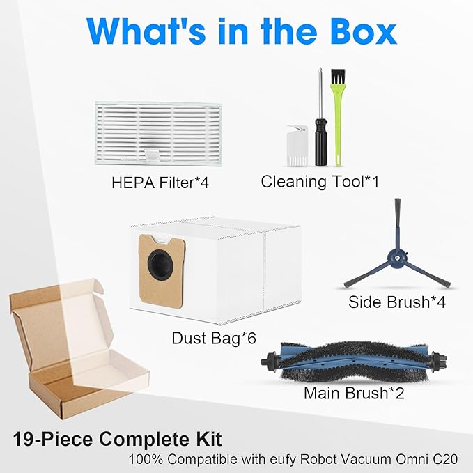 19-Pack Replacement Accessories Kit for eufy Omni C20 Vacuum Cleaner Includes Main Brush, HEPA Filters, Dust Bags, Side Brushes High-Performance Compatible with eufy Robot Vacuum