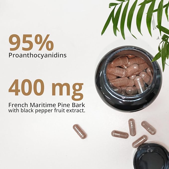 French Maritime Pine Bark Extract 400 mg, 95% Proanthocyanidins - Standardized 30X Extract, 120 Vegan Capsules