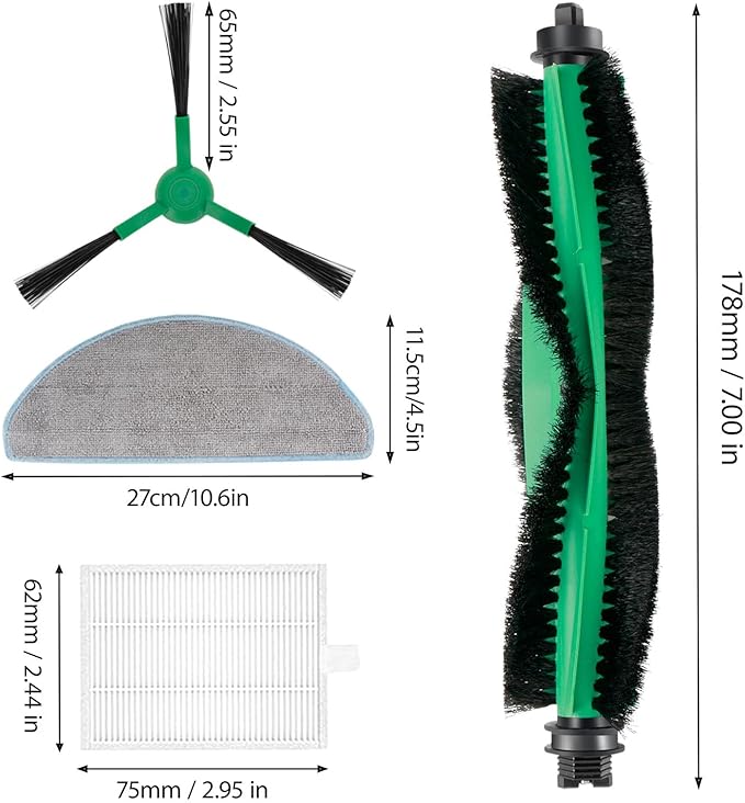 Replacement Parts Accessories for iRobot Roomba Combo Essential Vac 2 Vac 104/105 Y0110 Y0112 Y0140 Q0120 Q052 Robot Vacuum 2 Main Brush Rollers, 8 Filters, 8 Side Brushes, 6 Mop Pads