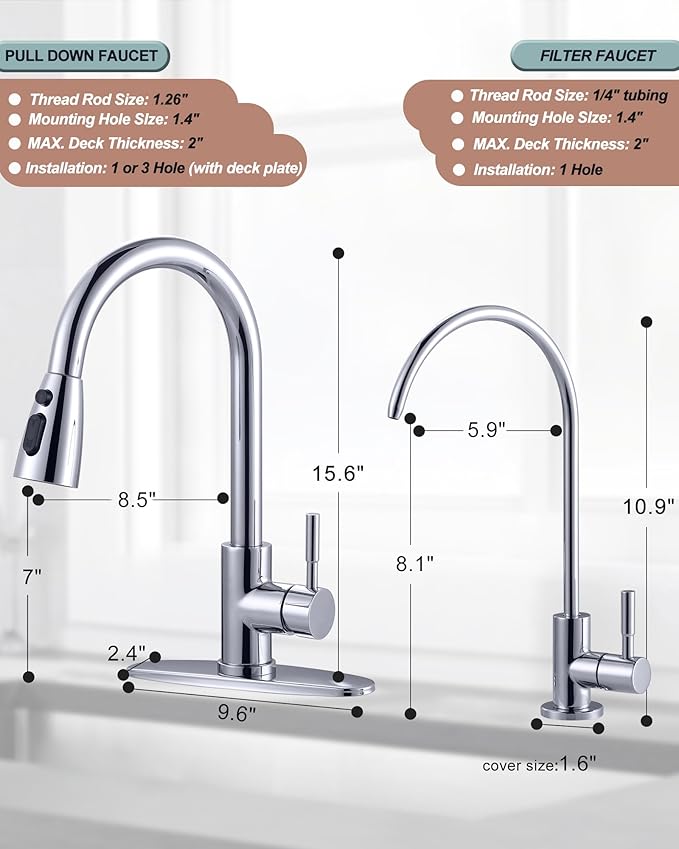 Kitchen Faucet and Water Filter Faucet Combo, WOWOW Stainless Steel Kitchen Sink Faucet with Drinking Water Faucet for Reverse Osmosis or Water Filtration System, Chrome