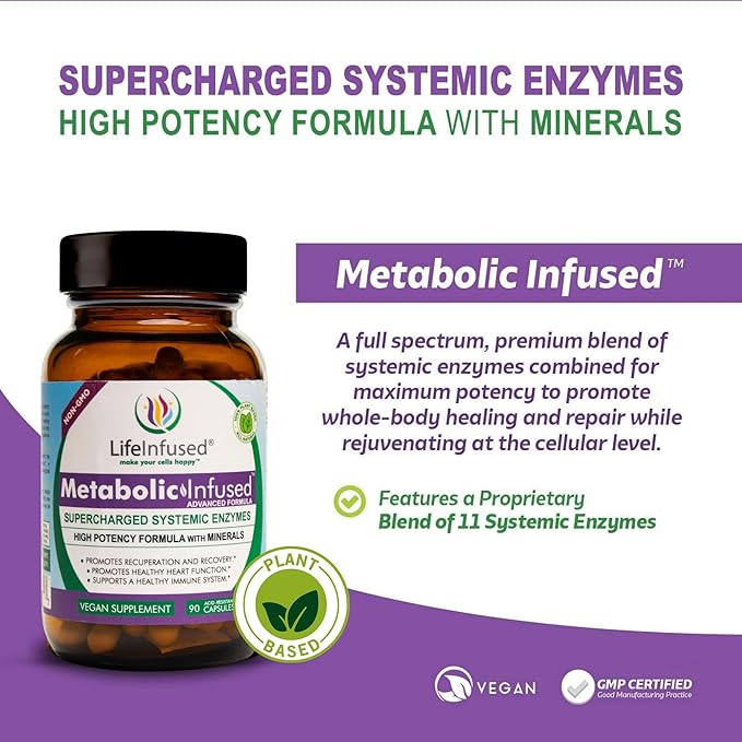 Life Infused Metabolic Infused - Blend of Premium 11 Systemic Enzymes & 72 Key Minerals for Optimal Bodily Functions and Healthy Immune System - Vegan Approved - 90 Servings