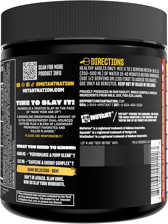Mutant Madness | Pre Workout Powder Performance and Pump Blend Includes L-Citrulline, Beta-Alanine, Taurine, L-Tyrosine (Lemonade)